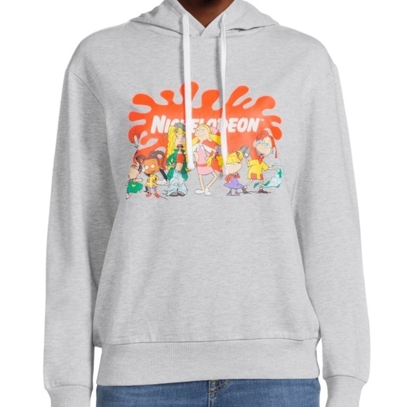 Nickelodeon 90s Cartoon Graphic Logo Pullover Gray Hooded Sweatshirt Medium - Picture 1 of 12